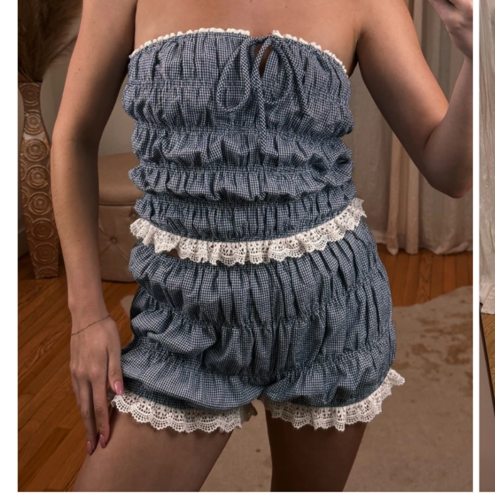 Blue and White Ruffled Set with Lace Trim